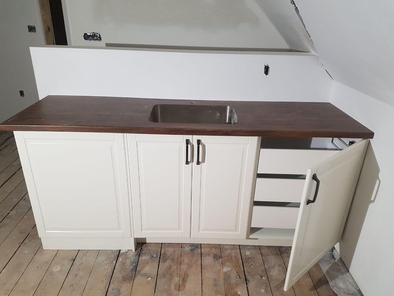 Kitchenette 7ft long with IKEA butcher block countertop and BOODBYN off-white doors style