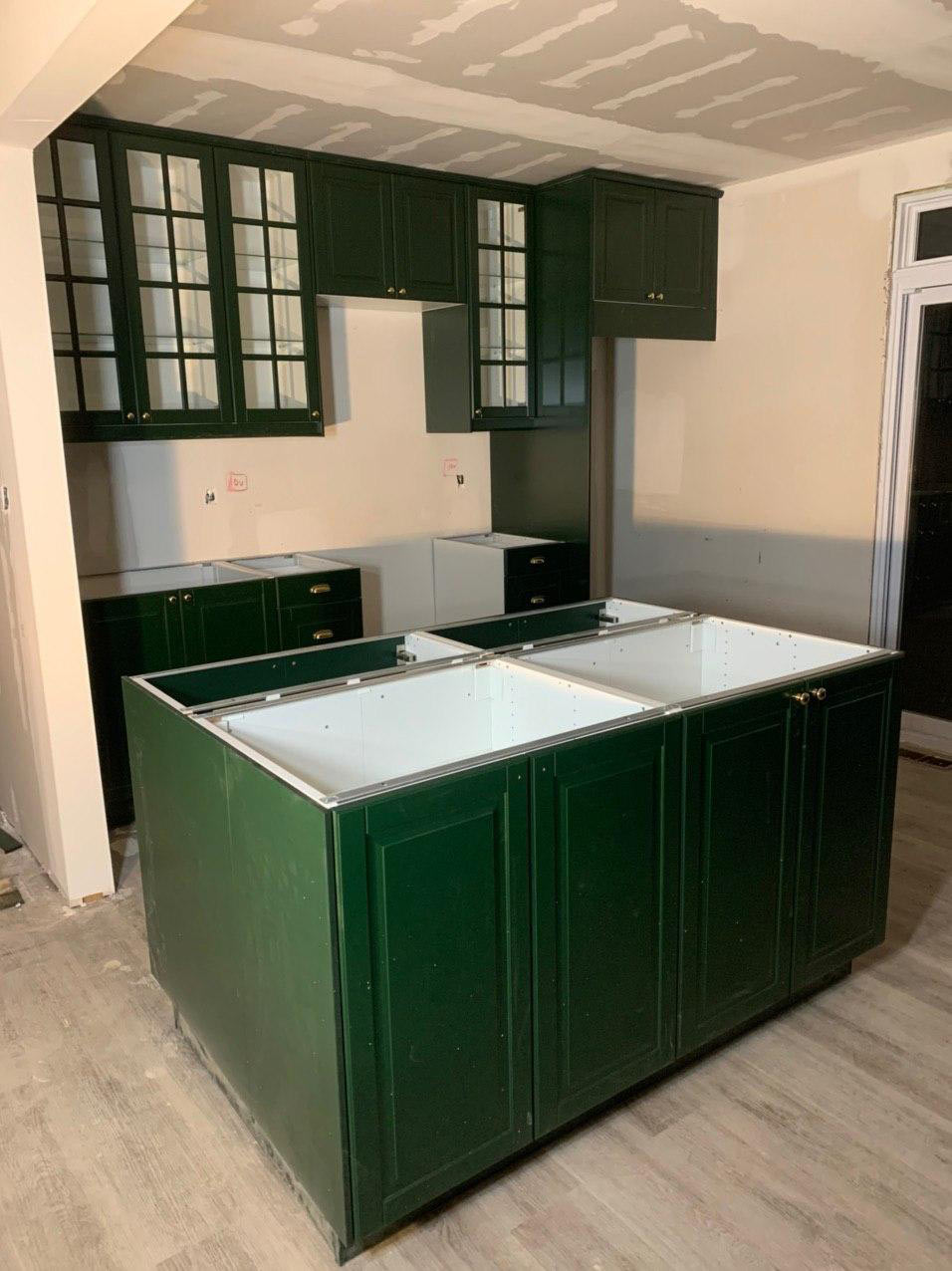 Two parallel wall kitchen 10' long with 5' island. BODBYN green door's style